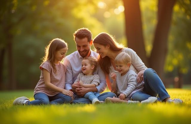 Joyful family photo in a park