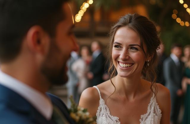 Candid moment of a couple laughing at a wedding
