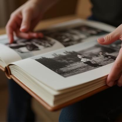 Hands flipping through pages of a photo album