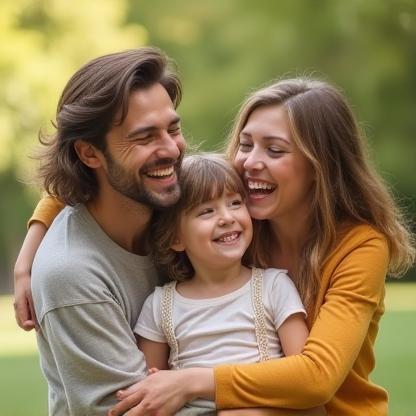 Family smiling and hugging outdoors